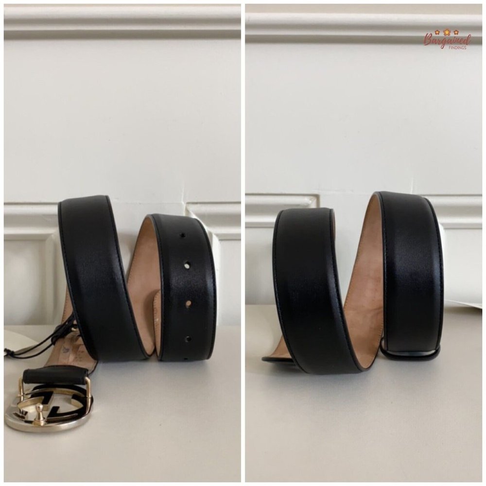 Authentic Gucci Black Calfskin Leather Silver Interlocking G Buckle Belt 75/30 - Picture 8 of 13